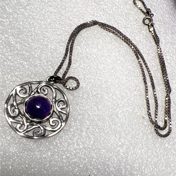 Didac Israel Silver Filigree Pendant Amethyst Cabochon 18” Italian Box Chain Vtg - Picture 14 of 14